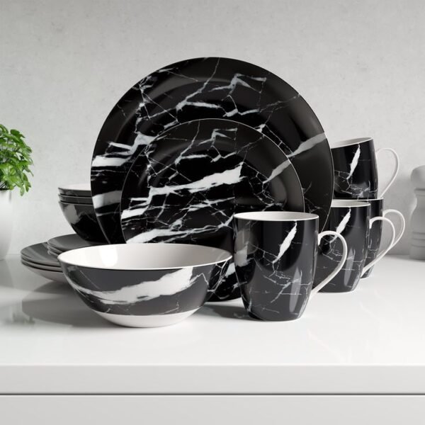 Gandharan Nights 16-Piece Black Marble Dinnerware Set