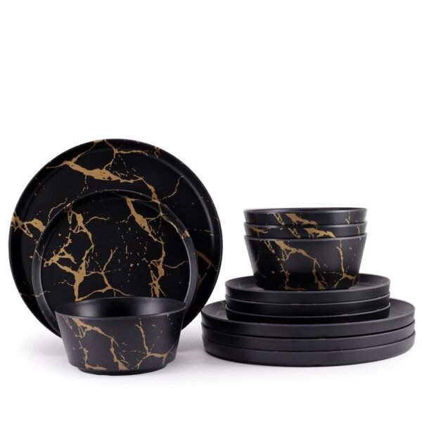 Gandharan Black Stone Dinnerware Set with Gold Rims - 16-Piece Eleganc