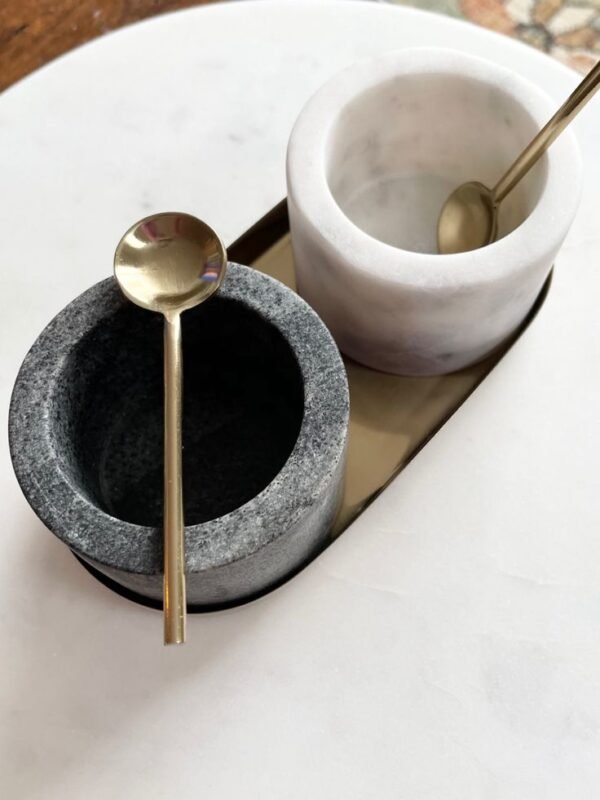 Gandharan Black & White Marble Salt & Pepper Bowls with Gold Spoons (Set of 2)